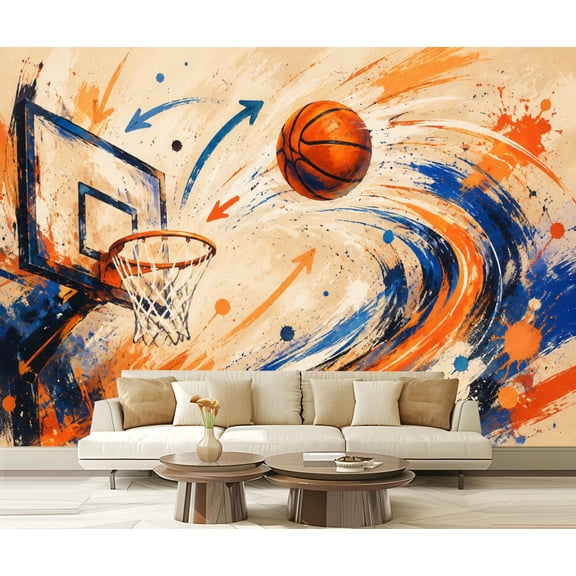 Wall Mural Peel and Stick Basketball Hoop Ball Abstract Splash Art Blue Orange Dynamic Motion Self-Adhesive Wallpaper Removable Wall Decal Wall Sticker Home Decor for Living Room Bedroom 100"x144"