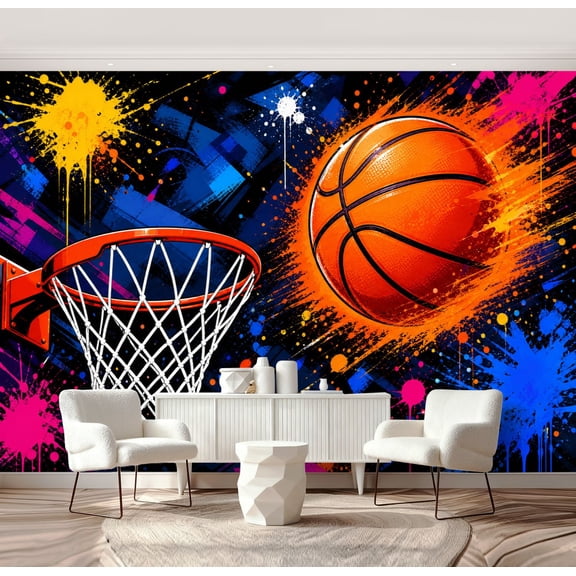 Wall Mural Peel and Stick Basketball Hoop Vibrant Colorful Paint Splatter Self-Adhesive Wallpaper Removable Wall Decal Wall Sticker Home Decor for Living Room Bedroom 69"x96"