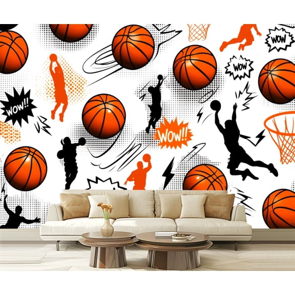 Wall Mural Peel and Stick Basketball Players Silhouettes Orange Balls Comic Pop Art Elements Self-Adhesive Wallpaper Removable Wall Decal Wall Sticker Home Decor for Living Room Bedroom 100"x144"