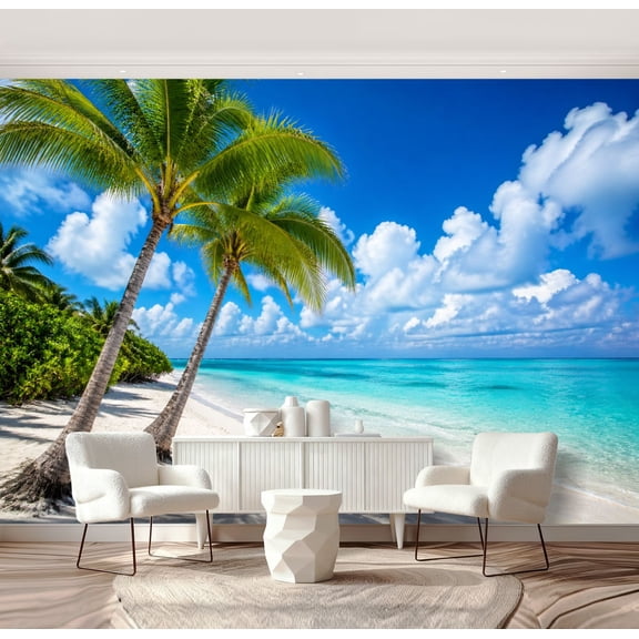 Wall Mural Peel and Stick Beautiful tropical white beach coconut palm trees Self-Adhesive Wallpaper Removable Wall Decal Wall Sticker Home Decor for Living Room Bedroom 69"x96"