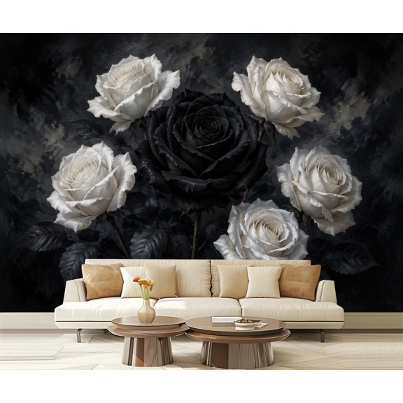 Wall Mural Peel and Stick Black White Roses Dramatic Dark Self-Adhesive Wallpaper Removable Wall Decal Wall Sticker Home Decor for Living Room Bedroom 100"x144"