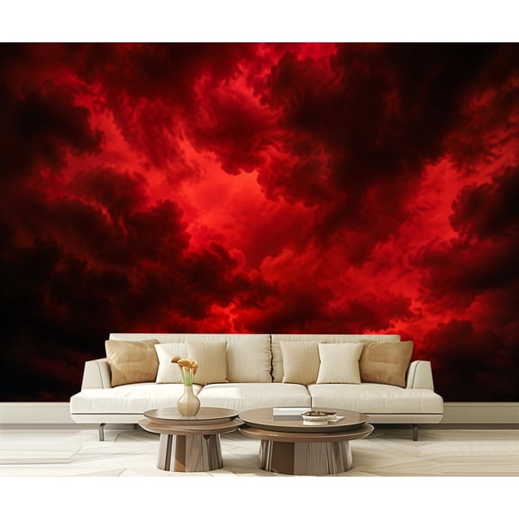 Wall Mural Peel and Stick Black blood red fiery sky clouds Horror Ominous skies Hell Self-Adhesive Wallpaper Removable Wall Decal Wall Sticker Home Decor for Living Room Bedroom 100"x144"