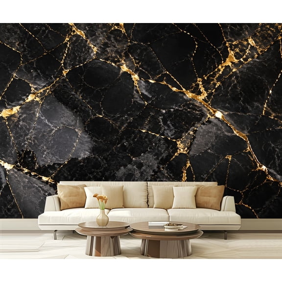 Wall Mural Peel and Stick Black gold luxury marble natural texture shiny golden veins abstract Self-Adhesive Wallpaper Removable Wall Decal Wall Sticker Home Decor for Living Room Bedroom 100"x144"
