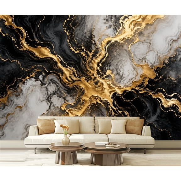 Wall Mural Peel and Stick Black gold marble texture Marbled Distorted Textured Self-Adhesive Wallpaper Removable Wall Decal Wall Sticker Home Decor for Living Room Bedroom 100"x144"