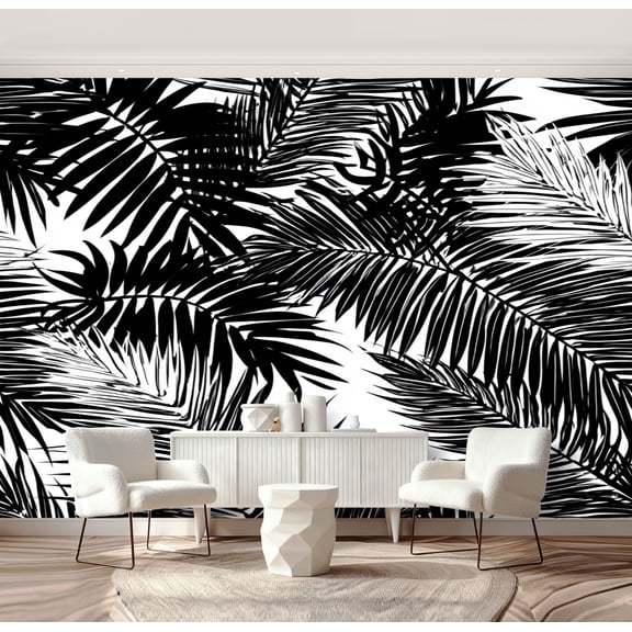 Wall Mural Peel and Stick Black tropical palm leaves white backdrop Seamless Self-Adhesive Wallpaper Removable Wall Decal Wall Sticker Home Decor for Living Room Bedroom 69"x96"