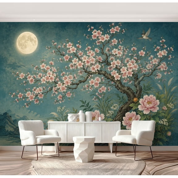 Wall Mural Peel and Stick Blossoming Cherry Tree Floral Garden Full Moon Vintage Teal Self-Adhesive Wallpaper Removable Wall Decal Wall Sticker Home Decor for Living Room Bedroom 69"x96"