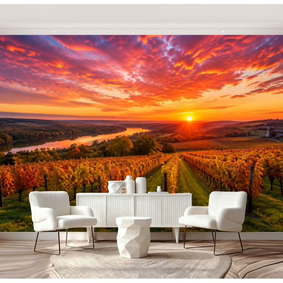 Wall Mural Peel and Stick Bordeaux Vineyard sunrise autumn Langoiran Gironde Self-Adhesive Wallpaper Removable Wall Decal Wall Sticker Home Decor for Living Room Bedroom 69"x96"