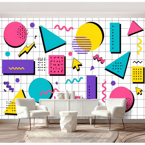 Wall Mural Peel and Stick Bright 80 s checkered bumage Abstract geometric shapes for hipsters Self-Adhesive Wallpaper Removable Wall Decal Wall Sticker Home Decor for Living Room Bedroom 69"x96"