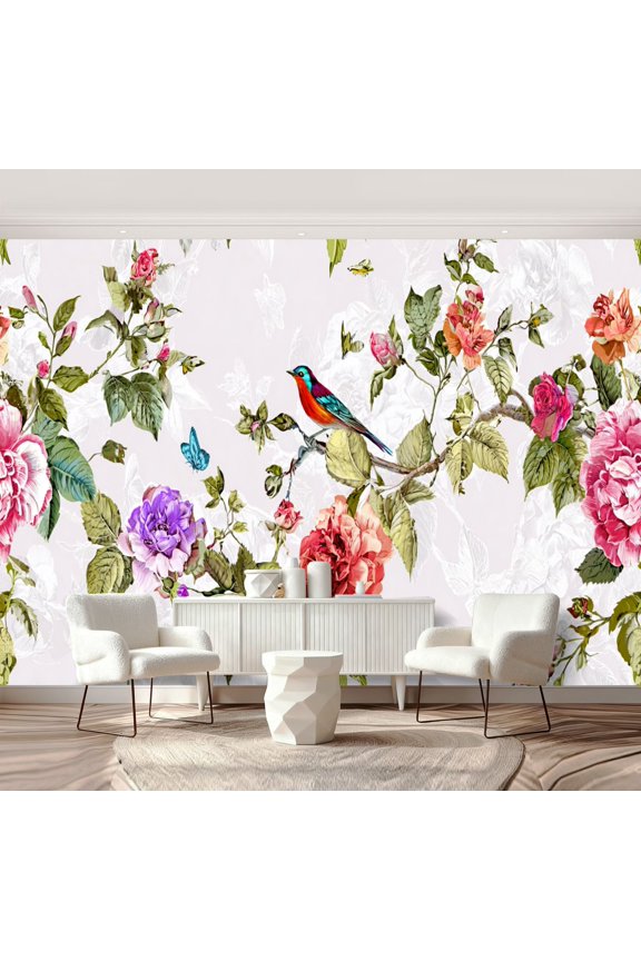 Wall Mural Peel and Stick Bright wide vintage seamless Rose peony humming birds Self-Adhesive Wallpaper Removable Wall Decal Wall Sticker Home Decor for Living Room Bedroom 69"x96"