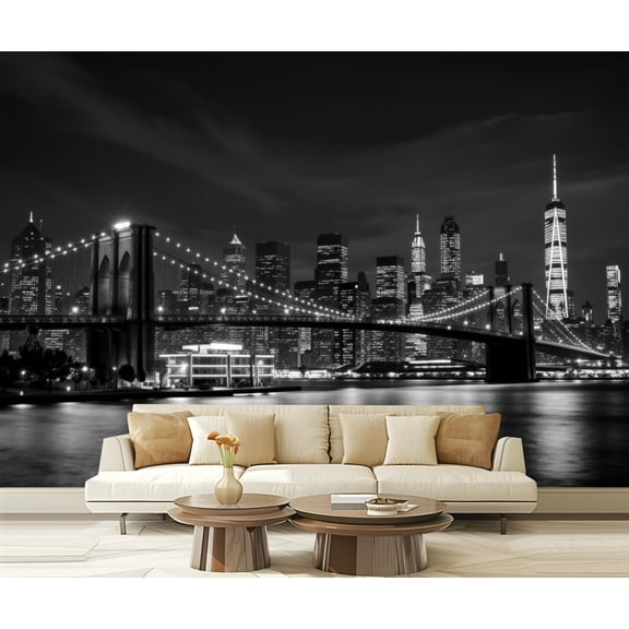 Wall Mural Peel and Stick Brooklyn Bridge skyline night Self-Adhesive Wallpaper Removable Wall Decal Wall Sticker Home Decor for Living Room Bedroom 100"x144"