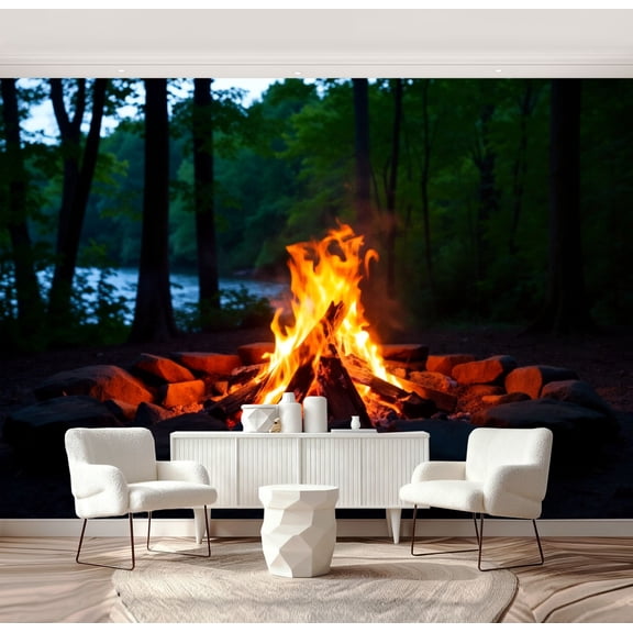 Wall Mural Peel and Stick Campfire camp Adirondack Mountains Upstate New york Self-Adhesive Wallpaper Removable Wall Decal Wall Sticker Home Decor for Living Room Bedroom 69"x96"