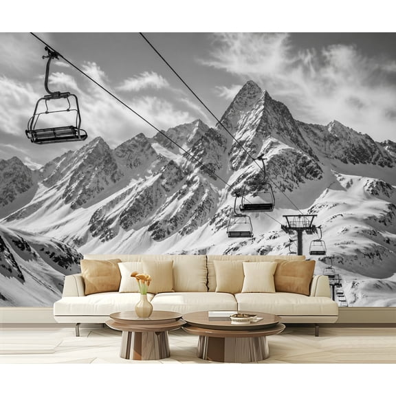 Wall Mural Peel and Stick Chair lift ski resort snowy mountains nice sunny day Self-Adhesive Wallpaper Removable Wall Decal Wall Sticker Home Decor for Living Room Bedroom 100"x144"