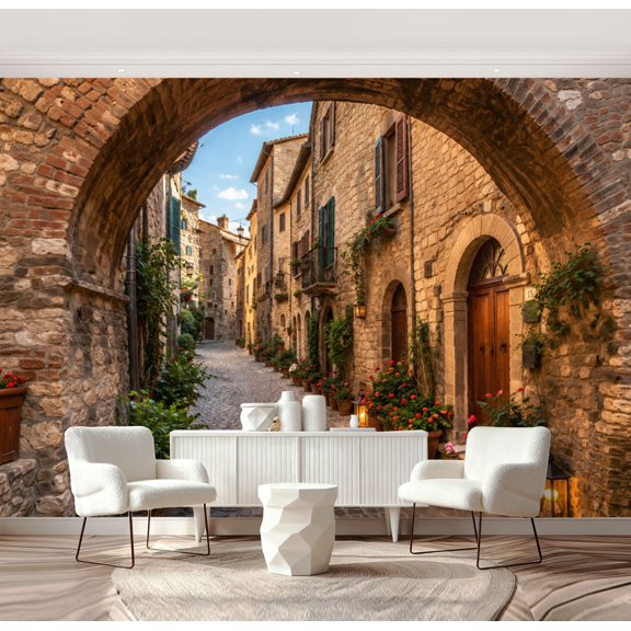 Wall Mural Peel and Stick Charming old street medieval towns Italy Umbria region Self-Adhesive Wallpaper Removable Wall Decal Wall Sticker Home Decor for Living Room Bedroom 69"x96"