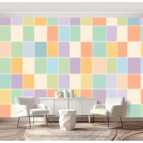 Wall Mural Peel and Stick Checkerboard squares muted vintage kitschy 1950s rainbow colours Self-Adhesive Wallpaper Removable Wall Decal Wall Sticker Home Decor for Living Room Bedroom 69"x96"