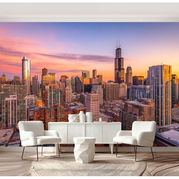 Wall Mural Peel and Stick Chicago Illinois downtown city skyline from Self-Adhesive Wallpaper Removable Wall Decal Wall Sticker Home Decor for Living Room Bedroom 69"x96"