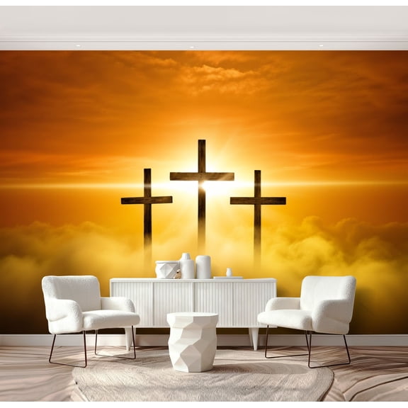 Wall Mural Peel and Stick Christian Crosses Bathed Heavenly Light Self-Adhesive Wallpaper Removable Wall Decal Wall Sticker Home Decor for Living Room Bedroom 69"x96"