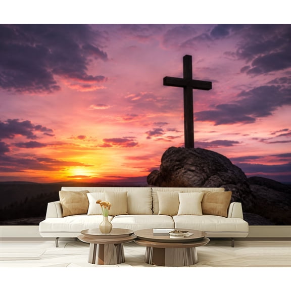 Wall Mural Peel and Stick Christian cross beautiful sunset Self-Adhesive Wallpaper Removable Wall Decal Wall Sticker Home Decor for Living Room Bedroom 100"x144"