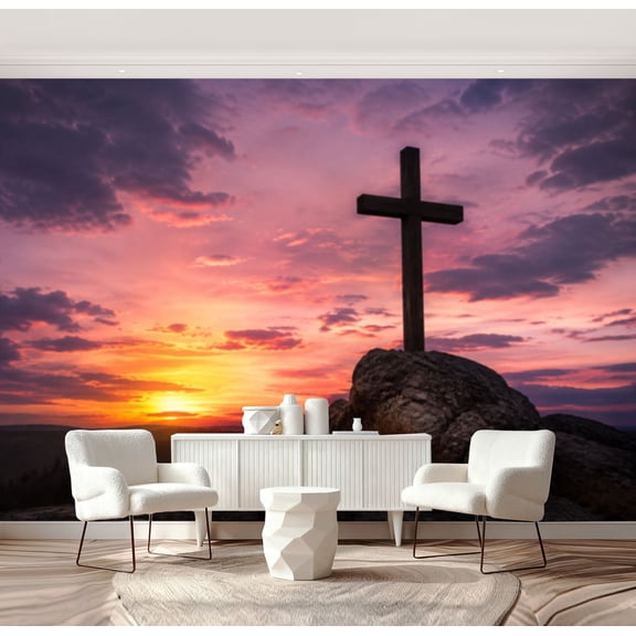 Wall Mural Peel and Stick Christian cross beautiful sunset Self-Adhesive Wallpaper Removable Wall Decal Wall Sticker Home Decor for Living Room Bedroom 69"x96"