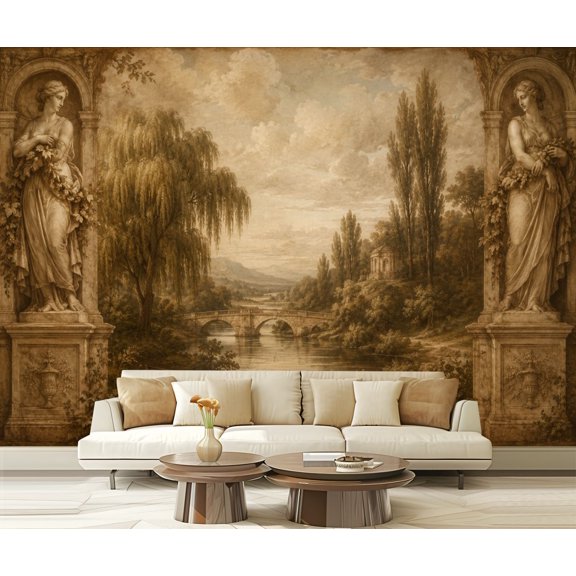 Wall Mural Peel and Stick Classical Sepia Landscape River Stone Bridge Rowboat Mythical Self-Adhesive Wallpaper Removable Wall Decal Wall Sticker Home Decor for Living Room Bedroom 100"x144"