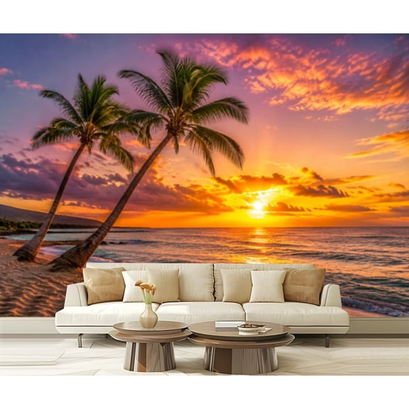 Wall Mural Peel and Stick Coconut palm trees against colorful sunset Self-Adhesive Wallpaper Removable Wall Decal Wall Sticker Home Decor for Living Room Bedroom 100"x144"