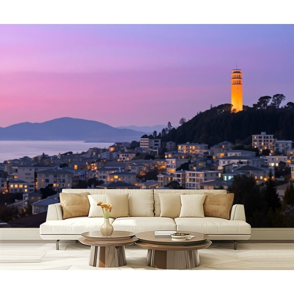 Wall Mural Peel and Stick Coit Tower Telegraph Hill San Francisco Bay Island Self-Adhesive Wallpaper Removable Wall Decal Wall Sticker Home Decor for Living Room Bedroom 100"x144"
