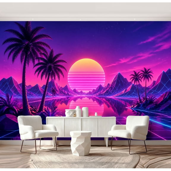 Wall Mural Peel and Stick Colorful 3D Vaporwave Landscape Design Neon Lighting Palm Beach Self-Adhesive Wallpaper Removable Wall Decal Wall Sticker Home Decor for Living Room Bedroom 69"x96"
