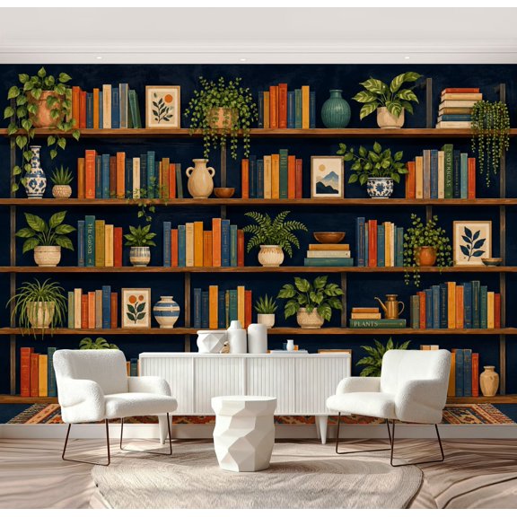 Wall Mural Peel and Stick Colorful Bookshelves Plants Navy Blue Self-Adhesive Wallpaper Removable Wall Decal Wall Sticker Home Decor for Living Room Bedroom 69"x96"