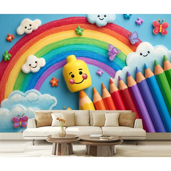 Wall Mural Peel and Stick Colorful Cartoon Smiling Pencil Pencil Rainbow Clouds Self-Adhesive Wallpaper Removable Wall Decal Wall Sticker Home Decor for Living Room Bedroom 100"x144"