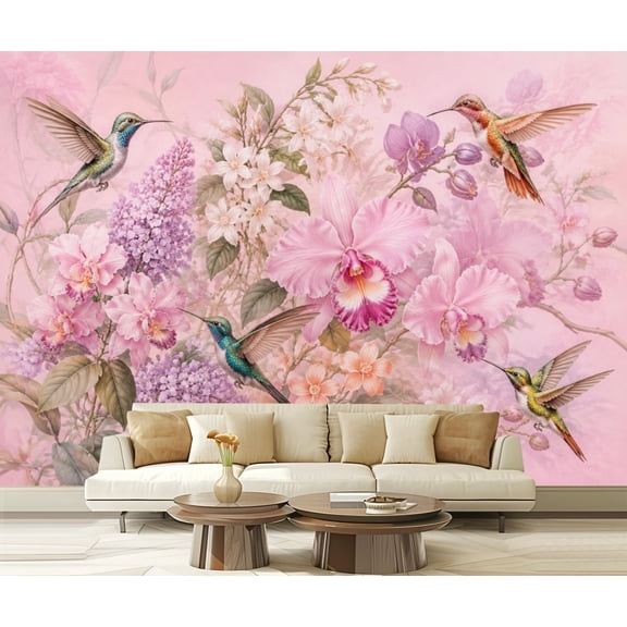 Wall Mural Peel and Stick Colorful Hummingbirds Pink Purple Floral Arrangement Soft Self-Adhesive Wallpaper Removable Wall Decal Wall Sticker Home Decor for Living Room Bedroom 100"x144"