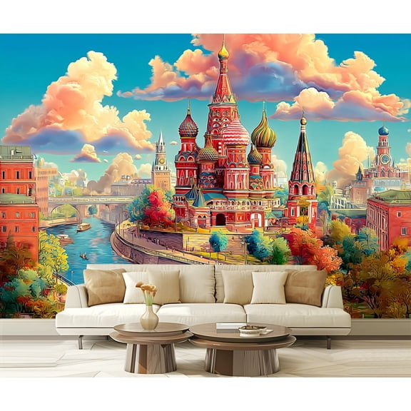 Wall Mural Peel and Stick Colorful Russian Cathedral Onion Domes River Landscape Vibrant Sunset Self-Adhesive Wallpaper Removable Wall Decal Wall Sticker Home Decor for Living Room Bedroom 100"x144"