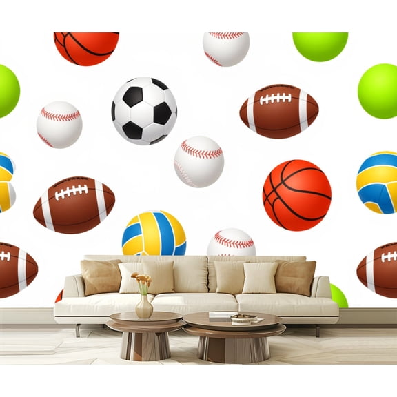 Wall Mural Peel and Stick Colorful Sports Balls Soccer Basketball Baseball Football Volleyball Self-Adhesive Wallpaper Removable Wall Decal Wall Sticker Home Decor for Living Room Bedroom 100"x144"