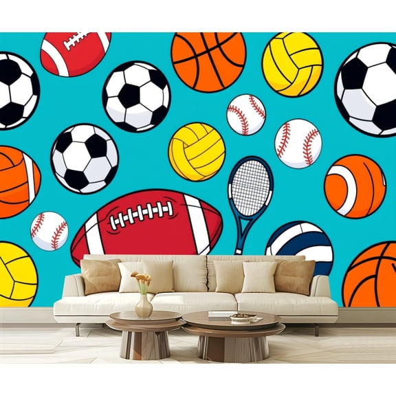 Wall Mural Peel and Stick Colorful Sports Equipment Balls Tennis Racket Blue Self-Adhesive Wallpaper Removable Wall Decal Wall Sticker Home Decor for Living Room Bedroom 100"x144"