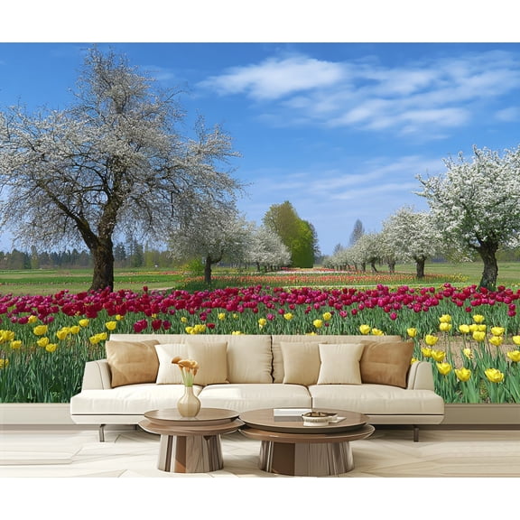 Wall Mural Peel and Stick Colorful Spring Landscape Blooming Tulips White Trees Self-Adhesive Wallpaper Removable Wall Decal Wall Sticker Home Decor for Living Room Bedroom 100"x144"