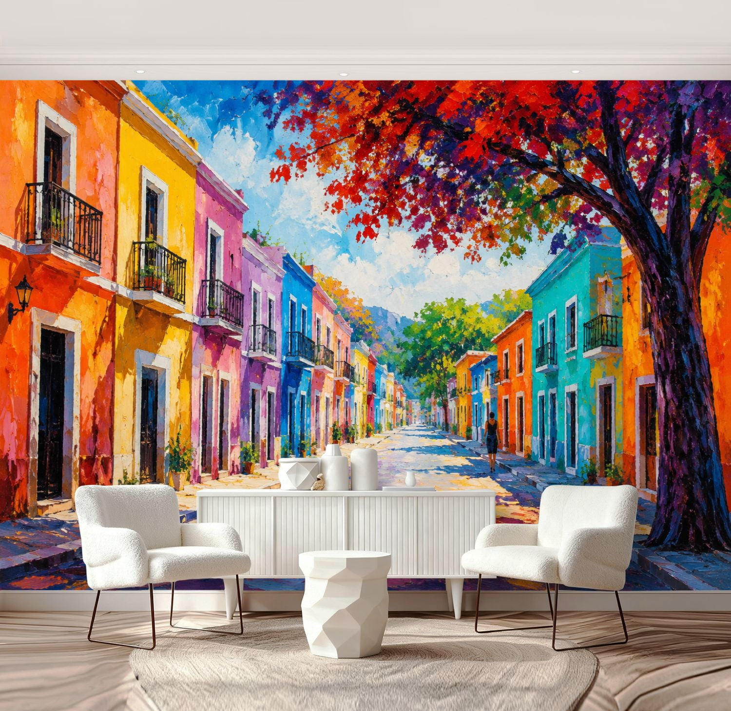 Wall Mural Peel and Stick Colorful Street Vibrant Houses Autumn Tree ...