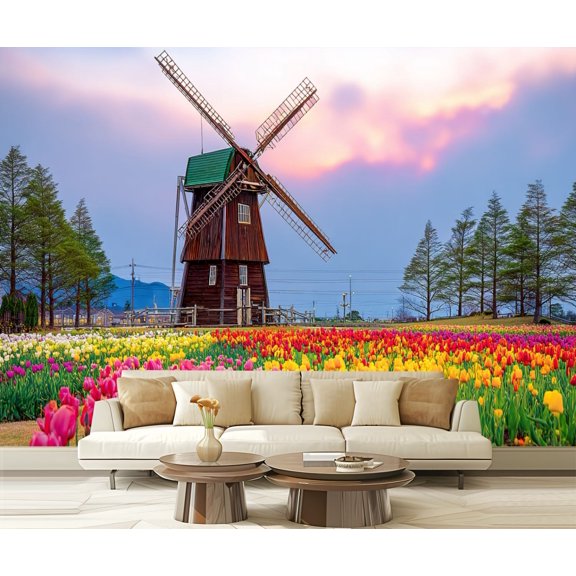 Wall Mural Peel and Stick Colorful Tulip Field Classic Wooden Windmill Sunset Self-Adhesive Wallpaper Removable Wall Decal Wall Sticker Home Decor for Living Room Bedroom 100"x144"