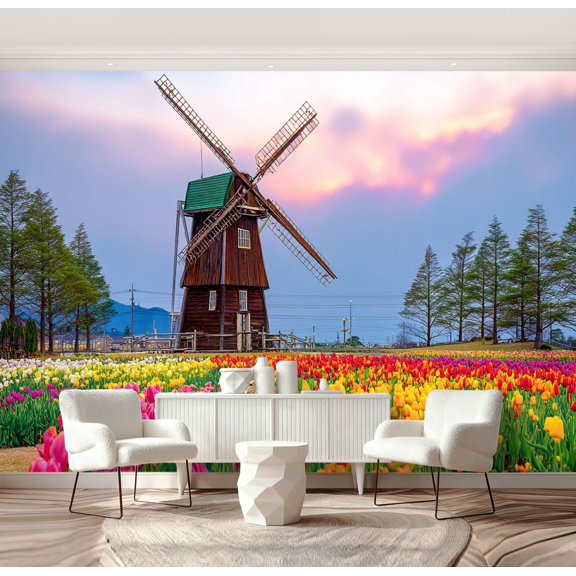 Wall Mural Peel and Stick Colorful Tulip Field Classic Wooden Windmill Sunset Self-Adhesive Wallpaper Removable Wall Decal Wall Sticker Home Decor for Living Room Bedroom 69"x96"