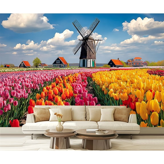 Wall Mural Peel and Stick Colorful Tulip Fields Traditional Dutch Windmill under Blue Sky Self-Adhesive Wallpaper Removable Wall Decal Wall Sticker Home Decor for Living Room Bedroom 100"x144"