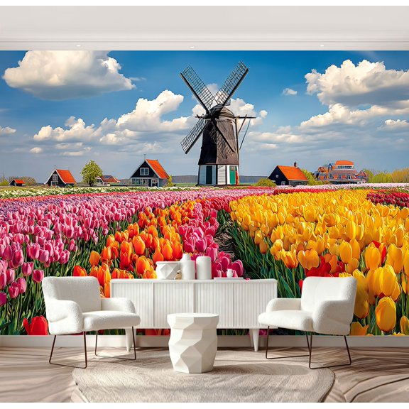 Wall Mural Peel and Stick Colorful Tulip Fields Traditional Dutch Windmill under Blue Sky Self-Adhesive Wallpaper Removable Wall Decal Wall Sticker Home Decor for Living Room Bedroom 69"x96"