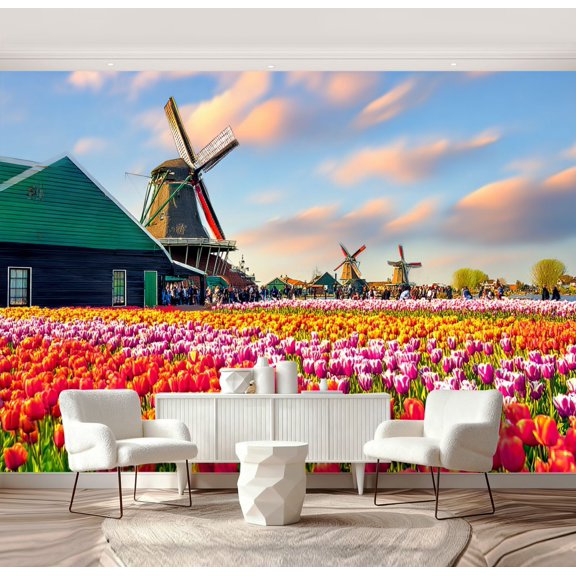 Wall Mural Peel and Stick Colorful Tulip Fields Traditional Dutch Windmills Sunset Self-Adhesive Wallpaper Removable Wall Decal Wall Sticker Home Decor for Living Room Bedroom 69"x96"