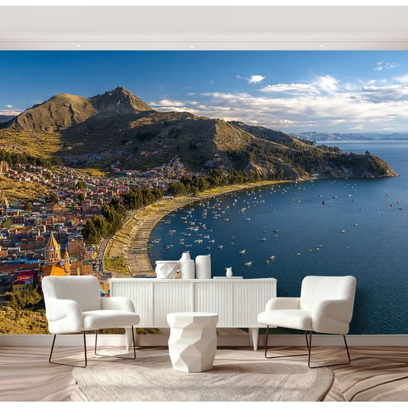 Wall Mural Peel and Stick Copacabana Cityscape Titicaca Lake Self-Adhesive Wallpaper Removable Wall Decal Wall Sticker Home Decor for Living Room Bedroom 69"x96"