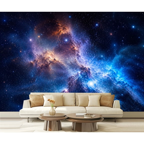 Wall Mural Peel and Stick Cosmic Nebula Space Landscape Blue Purple Galaxy Clouds Glowing Stars Self-Adhesive Wallpaper Removable Wall Decal Wall Sticker Home Decor for Living Room Bedroom 100"x144"
