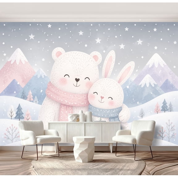 Wall Mural Peel and Stick Cute Bear Rabbit Pastel Snowy Mountain Landscape Stars Nursery Self-Adhesive Wallpaper Removable Wall Decal Wall Sticker Home Decor for Living Room Bedroom 69"x96"