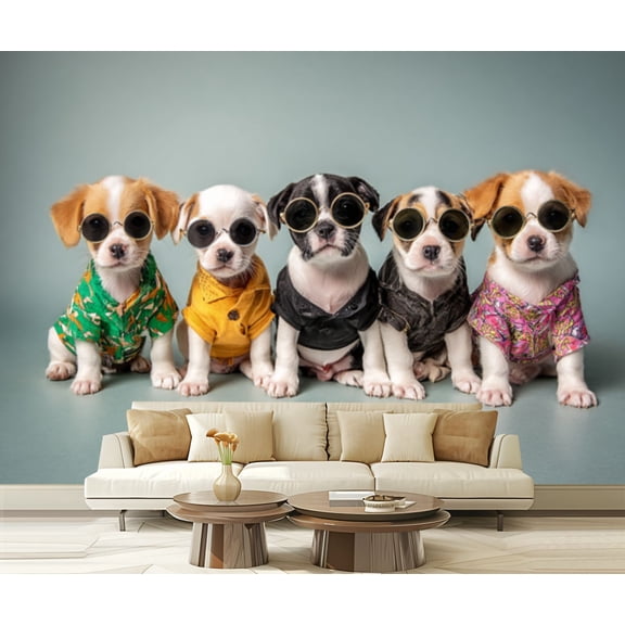 Wall Mural Peel and Stick Cute Puppies Wearing Colorful Outfits Sunglasses Fun Pet Fashion Self-Adhesive Wallpaper Removable Wall Decal Wall Sticker Home Decor for Living Room Bedroom 100"x144"