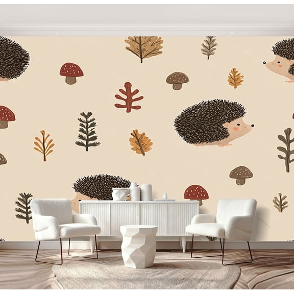 Wall Mural Peel and Stick Cute seamless hedgehog mushrooms trees Hand drawn Self-Adhesive Wallpaper Removable Wall Decal Wall Sticker Home Decor for Living Room Bedroom 69"x96"