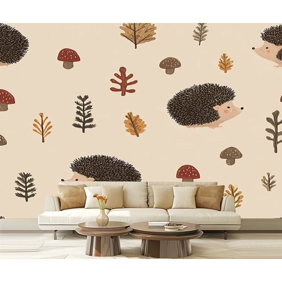 Wall Mural Peel and Stick Cute seamless hedgehog mushrooms trees Hand drawn Self-Adhesive Wallpaper Removable Wall Decal Wall Sticker Home Decor for Living Room Bedroom 100"x144"