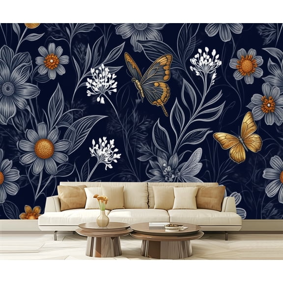 Wall Mural Peel and Stick Cute wildflowers butterflies dragonflies seamless Flowers insects art Self-Adhesive Wallpaper Removable Wall Decal Wall Sticker Home Decor for Living Room Bedroom 100"x144"