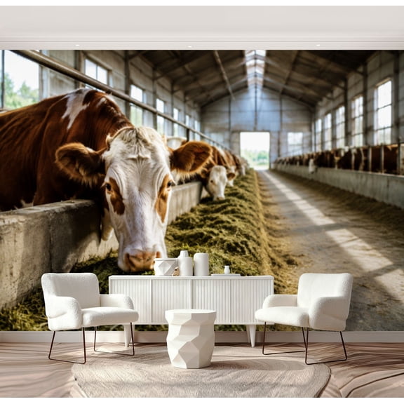Wall Mural Peel and Stick Dairy farm cows indoor shed Self-Adhesive Wallpaper Removable Wall Decal Wall Sticker Home Decor for Living Room Bedroom 69"x96"