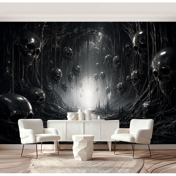 Wall Mural Peel and Stick Dark Fantasy Cave Floating Skulls Ominous Glow Self-Adhesive Wallpaper Removable Wall Decal Wall Sticker Home Decor for Living Room Bedroom 69"x96"
