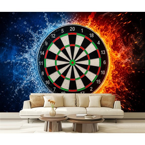 Wall Mural Peel and Stick Dartboard Dual Elemental Fire Water Splash Design Self-Adhesive Wallpaper Removable Wall Decal Wall Sticker Home Decor for Living Room Bedroom 100"x144"