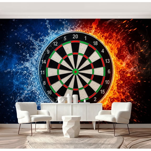 Wall Mural Peel and Stick Dartboard Dual Elemental Fire Water Splash Design Self-Adhesive Wallpaper Removable Wall Decal Wall Sticker Home Decor for Living Room Bedroom 69"x96"